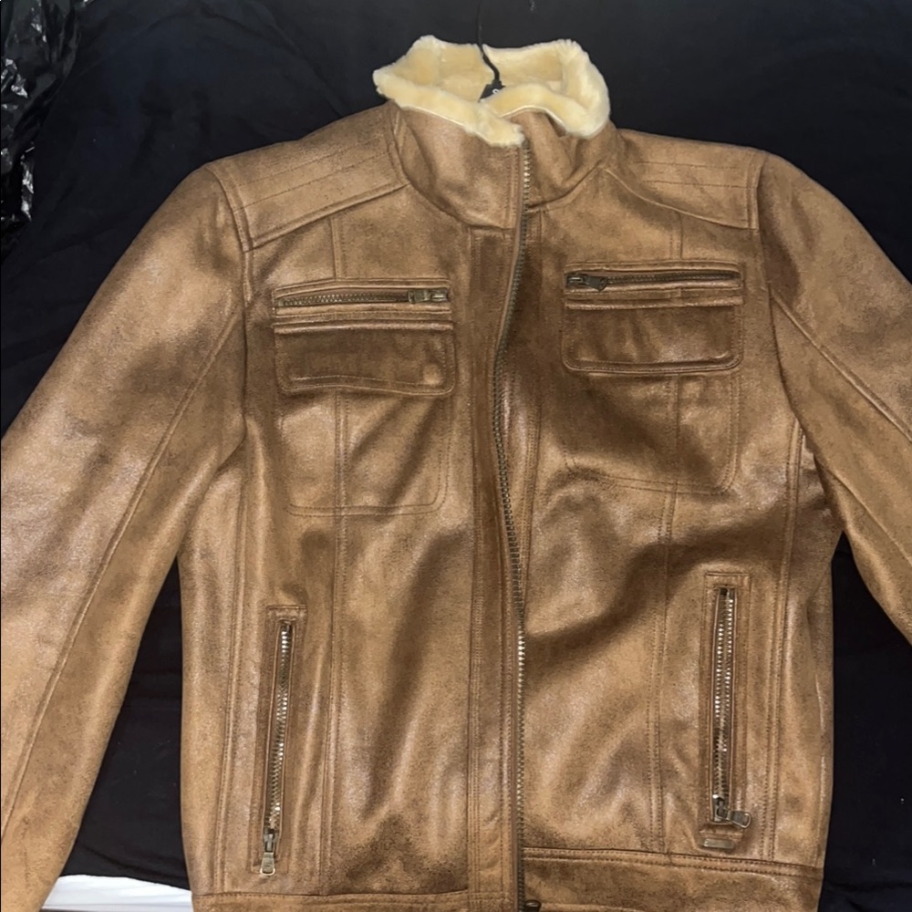 Chic Brown Faux Leather Jacket with Cream Collar